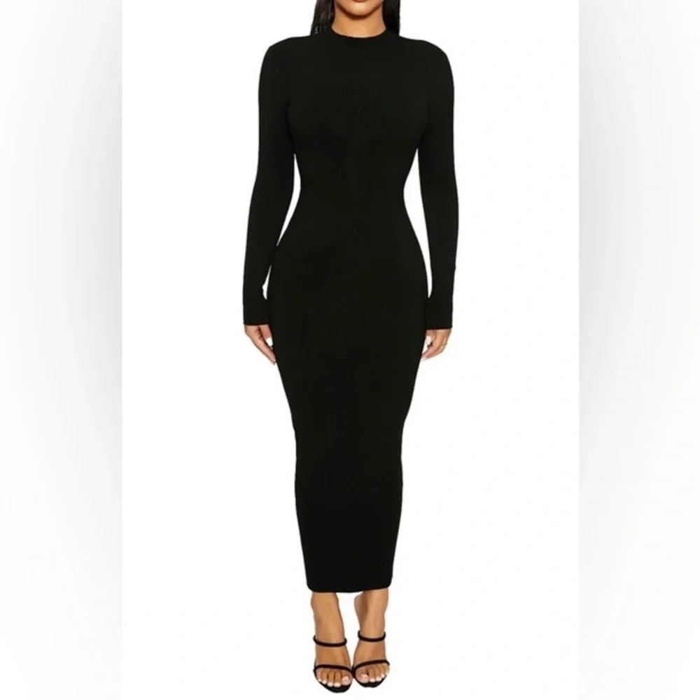 Naked Wardrobe Black Snatched Ribbed Crewneck Long Sleeve Dress Size XS $68